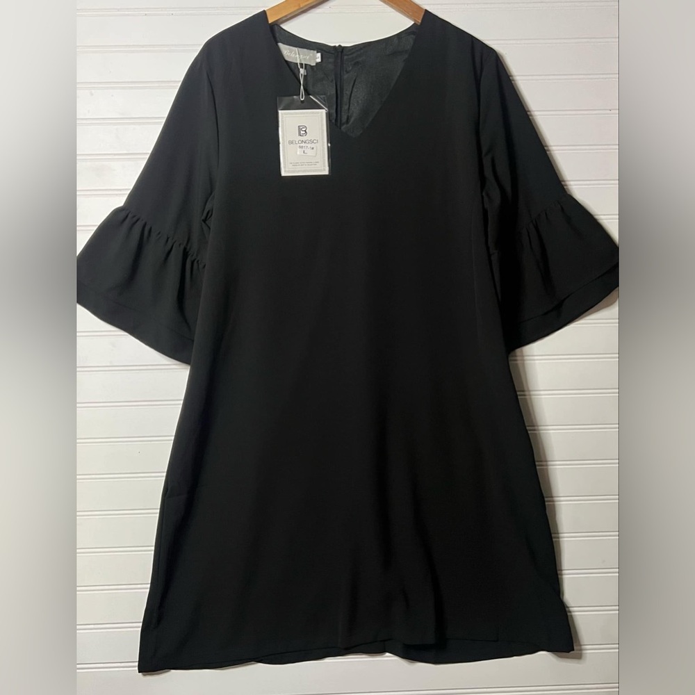 BELONGSCI Womens 2023 Summer Cute V-Neck Bell Sleeve Shift Dress, Black, L